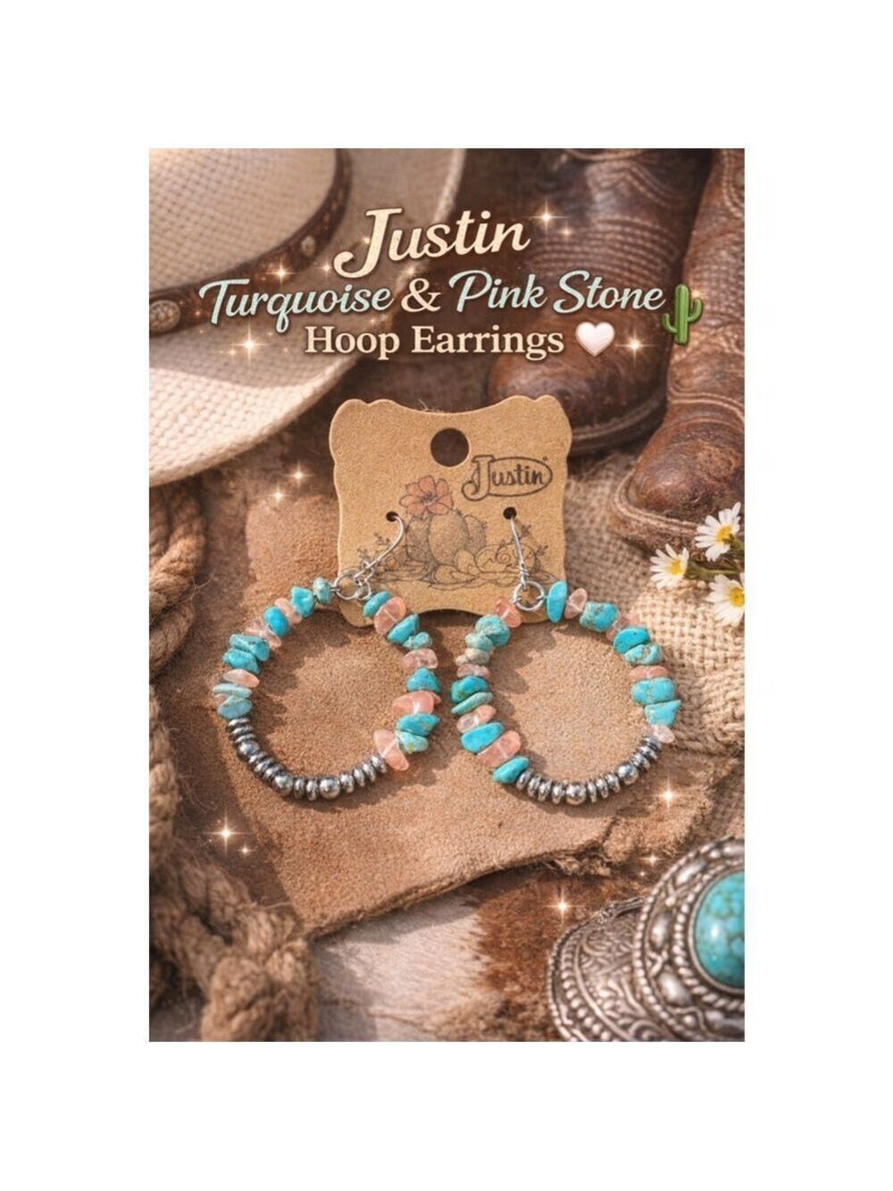 Justin Turquoise & Pink Stone Hoop Earrings | Western Boho Beaded Hoops | Boutiq